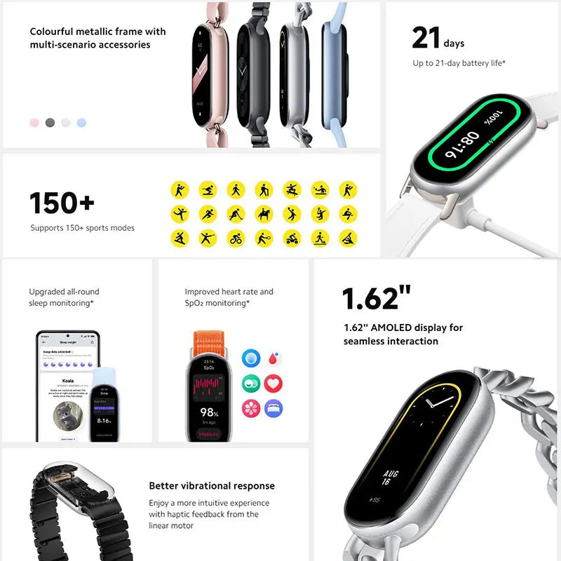 New Xiaomi Mi Band 9 Smart Bracelet, 1.62'' AMOLED Screen, Blood Oxygen Heart Rate Monitoring 150+ Sport Modes, BT5.4 Smart Band