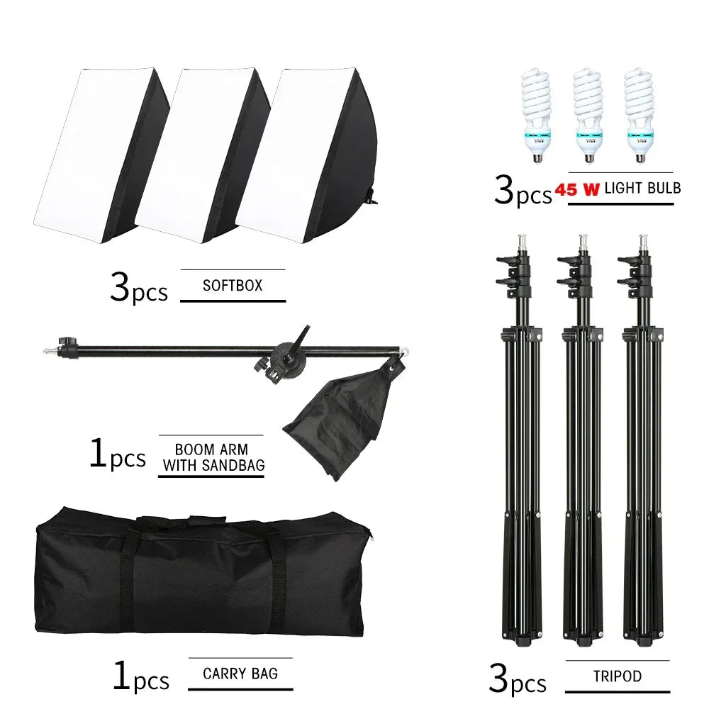 SH 3Pcs SoftBox With Sandbag Professional Photography Photo Studio Softbox Lights Lighting Kit Equipment Boom Arm