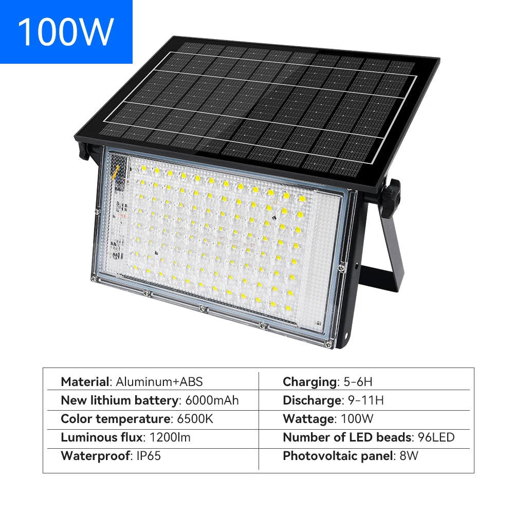 100W 200W LED Portable Solar Floodlight Outdoor Hiking Camping Light Waterproof IP65 Wall Light For Garden Patio Garage Backyard