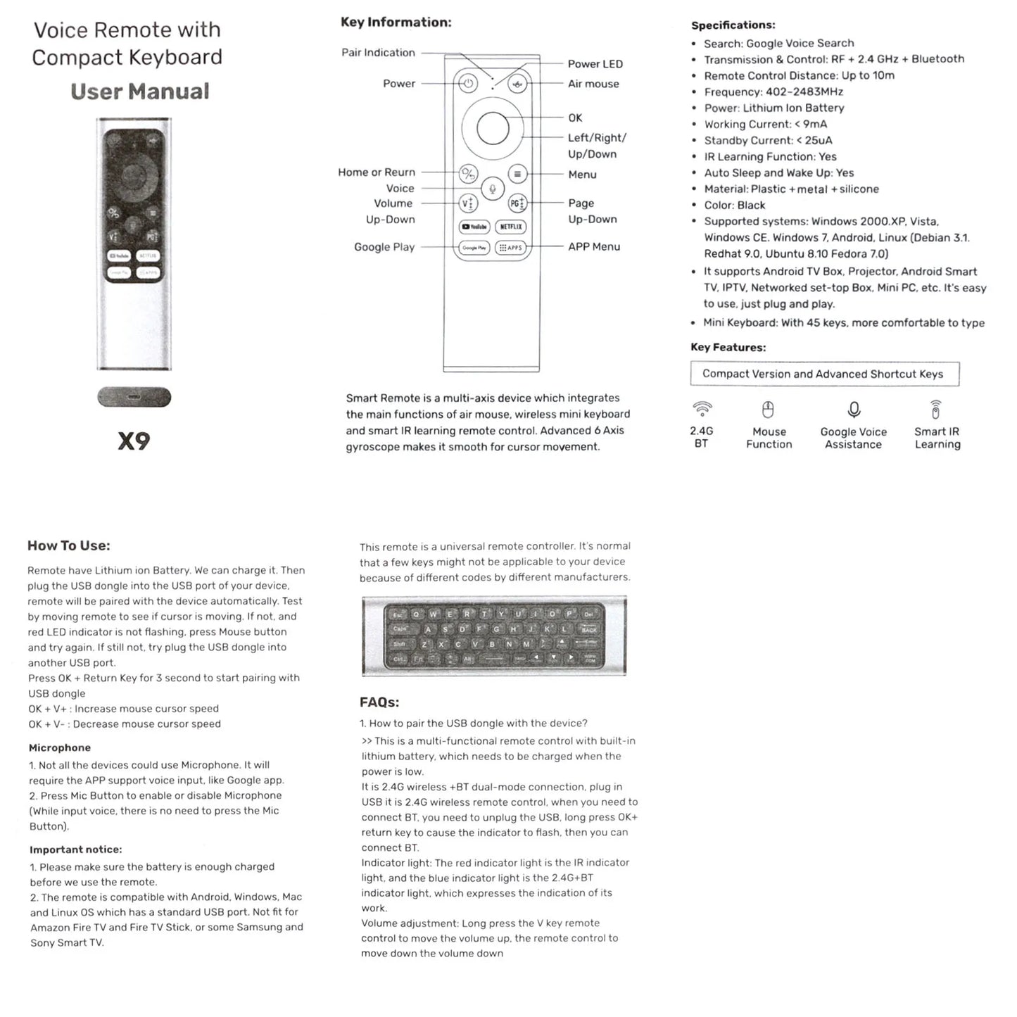 2.4G Voice Mini Keyboard Universal Air Mouse Remote Control X9 with IR Learning Function BLE Controller