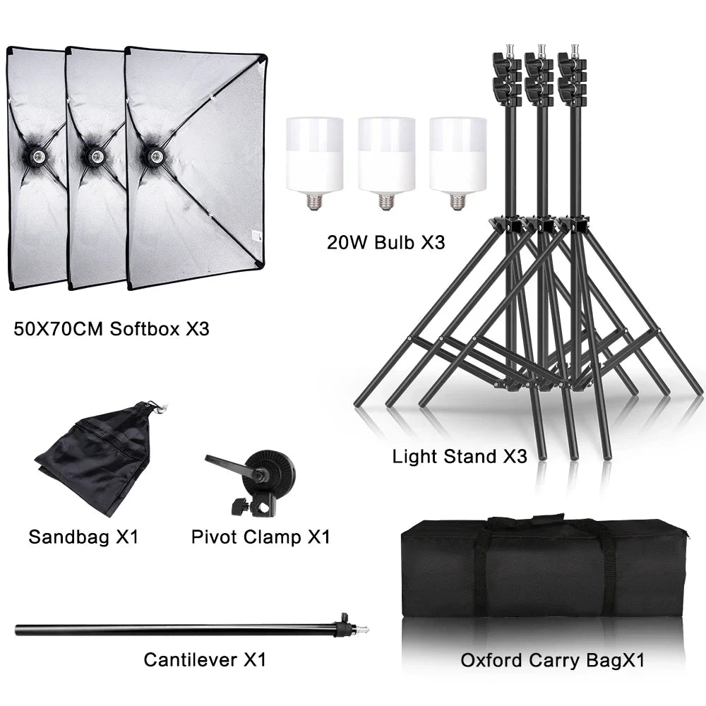 SH 3Pcs SoftBox With Sandbag Professional Photography Photo Studio Softbox Lights Lighting Kit Equipment Boom Arm