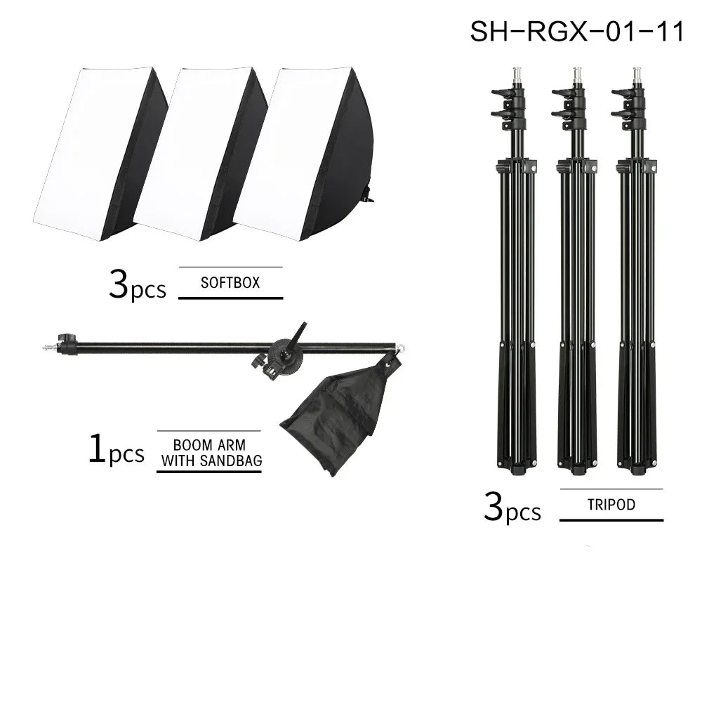 SH 3Pcs SoftBox With Sandbag Professional Photography Photo Studio Softbox Lights Lighting Kit Equipment Boom Arm