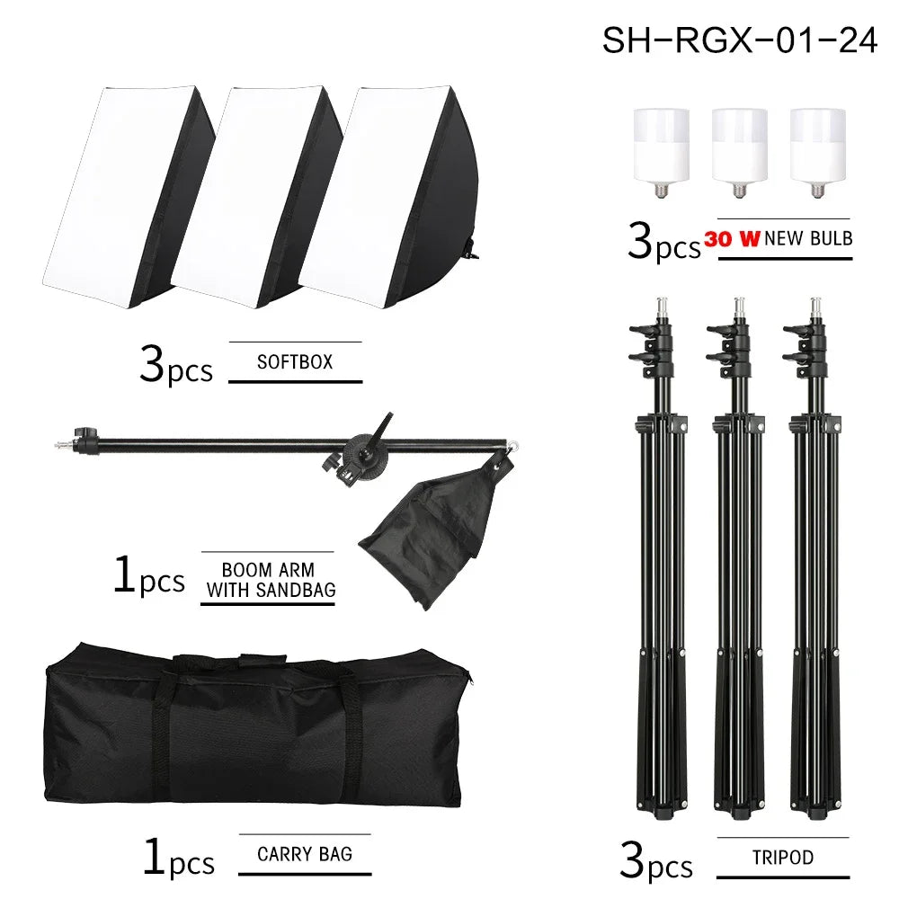 SH 3Pcs SoftBox With Sandbag Professional Photography Photo Studio Softbox Lights Lighting Kit Equipment Boom Arm