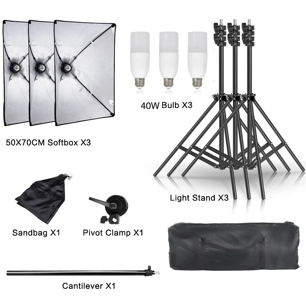 SH 3Pcs SoftBox With Sandbag Professional Photography Photo Studio Softbox Lights Lighting Kit Equipment Boom Arm
