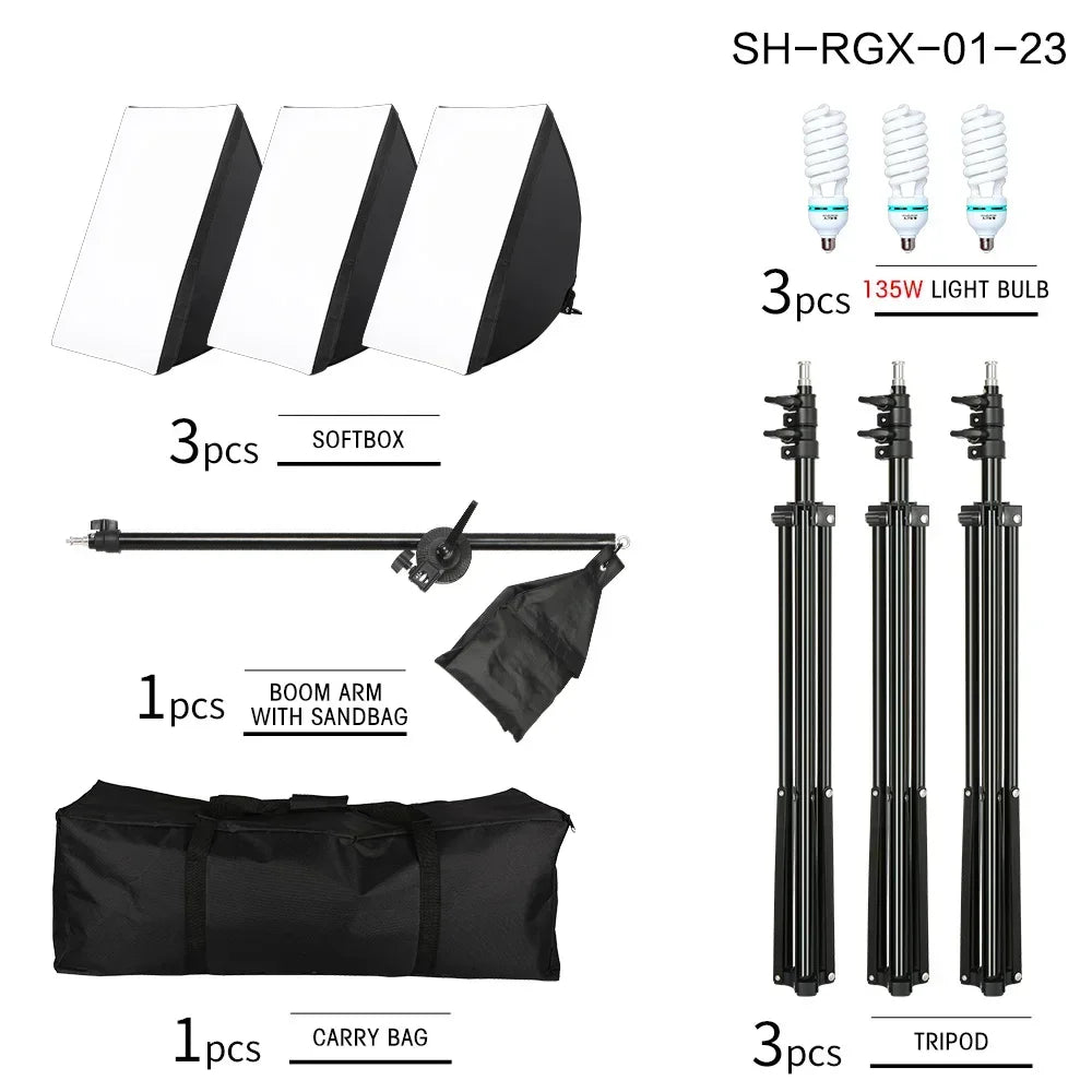 SH 3Pcs SoftBox With Sandbag Professional Photography Photo Studio Softbox Lights Lighting Kit Equipment Boom Arm
