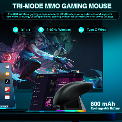 SOLAKAKA SM820 Tri-mode Wireless Mouse Magnetic Rechargeable Dock RGB PAW3311 24000DPI Wireless Macro Gaming Mouse Ultra-Light